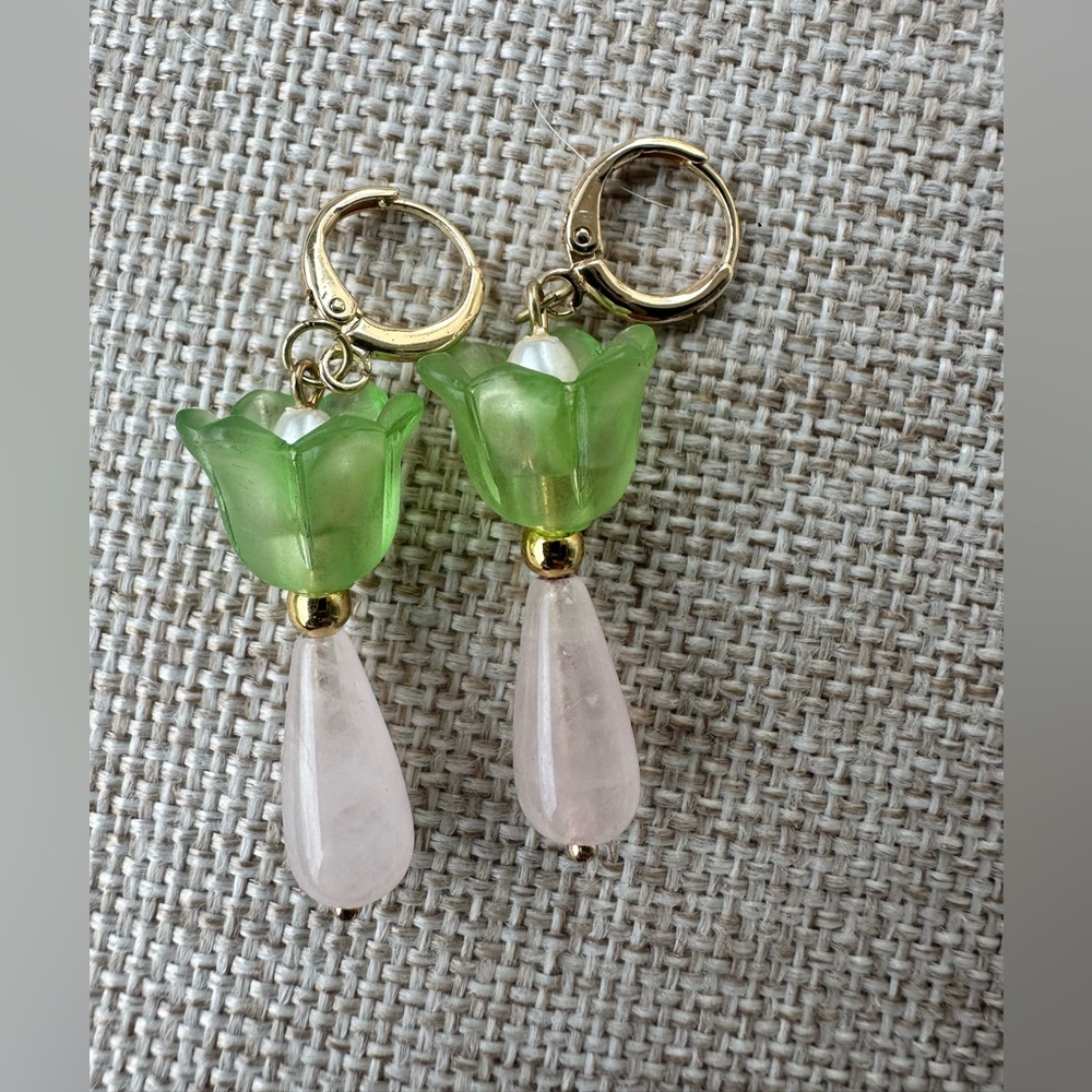 Elegant Green and Pink Floral Earrings